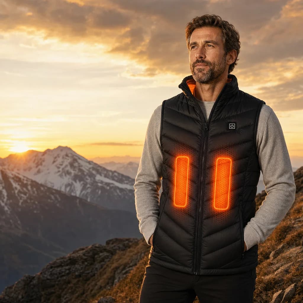 Person wearing the ThermiVest heated vest outdoors in the snow